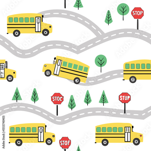 Cartoon yellow school buses traverse winding roads interspersed with trees and nonsensical stop signs against white