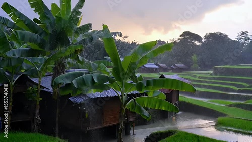 Rain falls on a terraced rice paddy landscape with traditional huts.