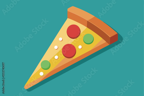 Flat pizza slice with geometric toppings in simple colors displayed on a teal background in a modern artistic style