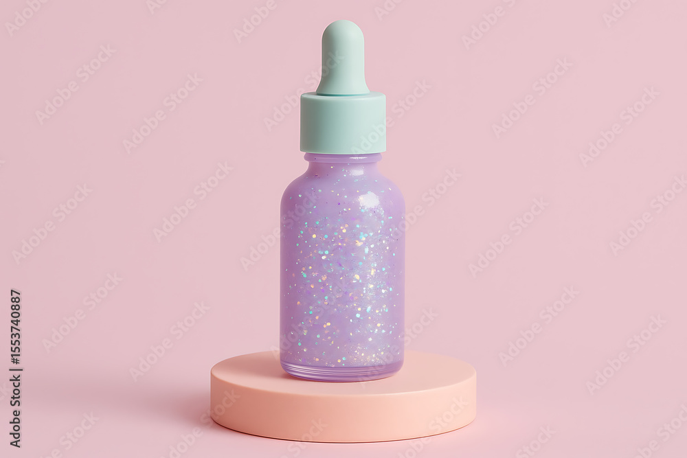 Shimmering lavender cosmetic dropper bottle filled with glitter liquid, placed on a peach-colored podium, ideal for glamorous beauty and skincare product display Shimmering lavender cosmetic dropper bottle filled with glitter liquid, placed on a peach-colored podium, ideal for glamorous beauty and skincare product display