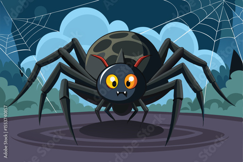 Black spider with striking orange eyes sits in a web as it prepares to hunt insects among dark foliage at twilight
