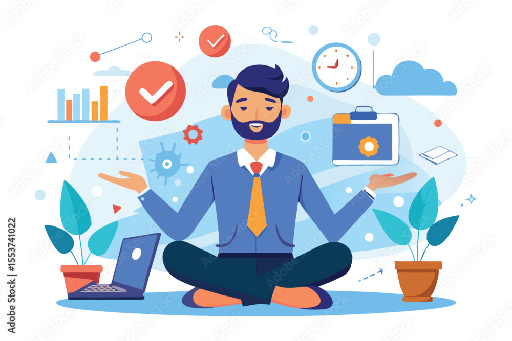 Businessman practices yoga for relaxation and stress relief in a serene workspace with modern technology Businessman practices yoga for relaxation and stress relief in a serene workspace with modern technology