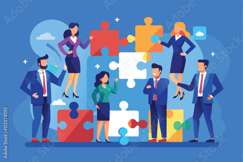 Team members collaborating on a business project by connecting puzzle pieces to symbolize teamwork and problem solving in a dynamic workspace
