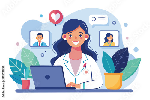 Young female doctor delivering modern healthcare services through telemedicine while engaging with patients online in a bright and supportive environment