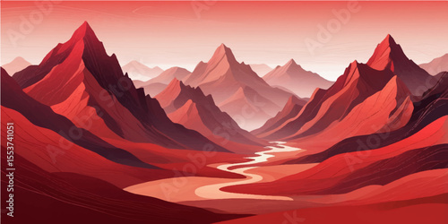 Beautiful panoramic mountain landscape at sunrise or sunset with an epic sky, clouds, and a serene valley view