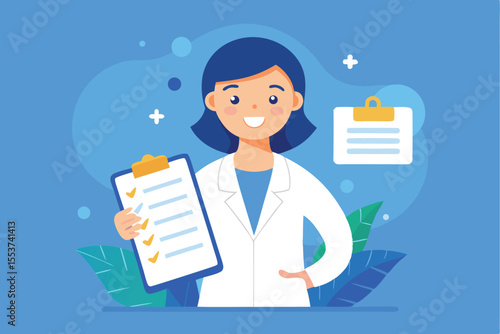 Smiling female doctor in lab coat holding checklist against a colorful background indicating health recommendations