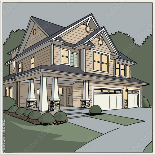 House on hill road and park with different residential styles