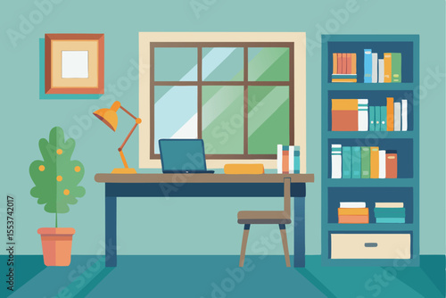 Minimalist study room featuring a desk with a laptop, a lamp, and bookshelves, bathed in natural light from a large window during the day