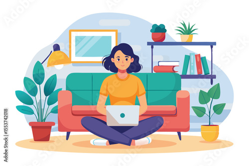 Relaxing at home while a woman sits comfortably on the floor with a laptop, surrounded by plants and cozy decor during a tranquil afternoon
