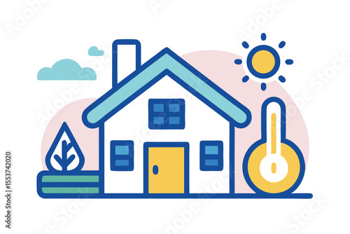 Device monitoring home temperature conditions with an illustrated house, sun, thermometer, and greenery in a simplified design