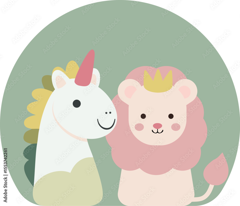 Obraz premium Simple applique drawing for kids, little cute unicorn and lion in crown. Vector, flat design