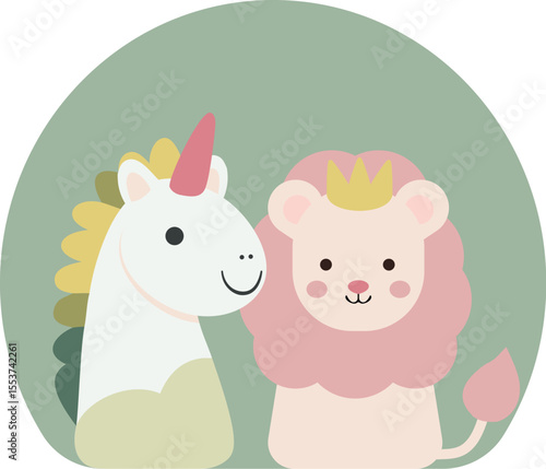 Simple applique drawing for kids, little cute unicorn and lion in crown. Vector, flat design