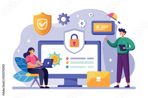 Secure login process illustrated with a computer user and a mobile device showing authentication methods and security features for online safety