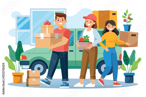 Moving day with friends carrying boxes and preparing for a new home in a cheerful atmosphere