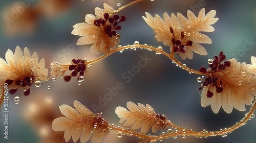   A clear photo of a plant with water droplets on its leaves and distinct flowers in the background