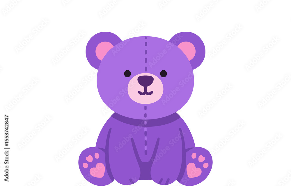 Fototapeta premium Cute Purple Teddy Bear Sitting Upright with Pink Accents on Transparent Background