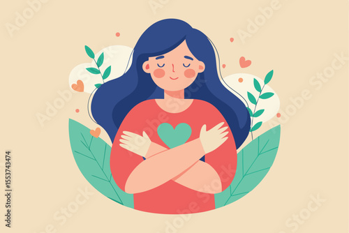Embracing self-love with warmth and compassion, a woman expresses love for herself in a minimalistic vector illustration with calming colors
