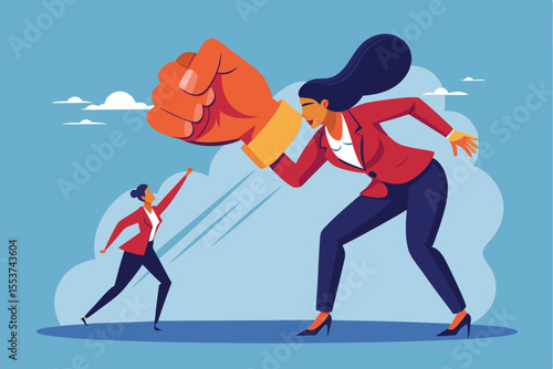 Woman courageously confronting a giant fist in a metaphorical representation of struggle and empowerment in a stylized vector illustration