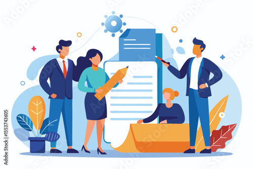 Modern employee contract concept showing office workers discussing terms with documents and stationary in a creative workspace