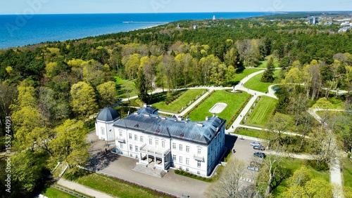 Wallpaper Mural Aerial view of Palanga Botanical Garden and Amber Museum. Baltic sea and Tiskeviciai Palace in neoclassical style, is centrally located with manicured lawns and symmetrical garden arrangements Torontodigital.ca