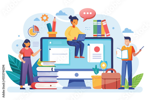 Online education concept showcasing a teacher engaging with students through a digital screen while surrounded by educational tools and resources