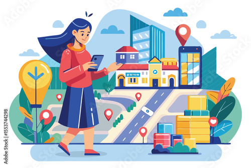 Woman exploring store locator options on smartphone in an urban setting with buildings and shopping areas in the background