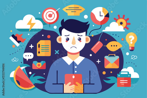 Struggling with anxiety and stress while seeking solutions to personal problems in a colorful, illustrated environment filled with symbols of everyday challenges
