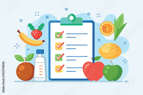 Checklist featuring nutritious food items with green checkmarks highlighting healthy choices displayed on a light blue background in a kitchen or dieting context