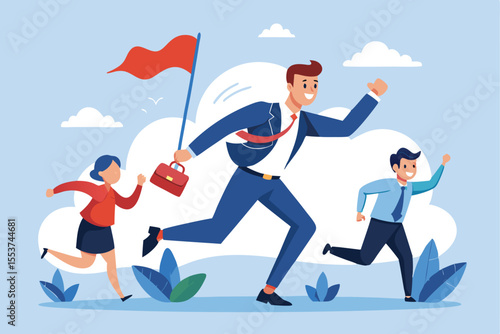 Business leader running with a flag, inspiring team members in a vibrant, creative landscape with clouds and foliage during a sunny day