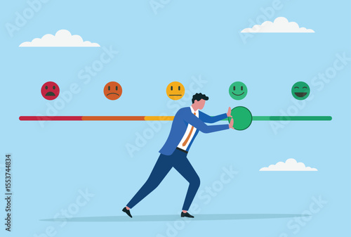 Vector illustration of a businessman pushing the feedback bar from negative to positive, symbolizing persistence, hard work, and the drive to improve business reputation and achieve success
