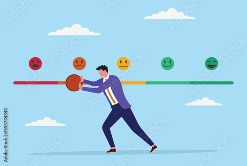 Vector illustration of a businessman pushing the feedback bar from positive to negative, symbolizing setbacks, negative feedback, and the impact of negative actions on business reputation and success
