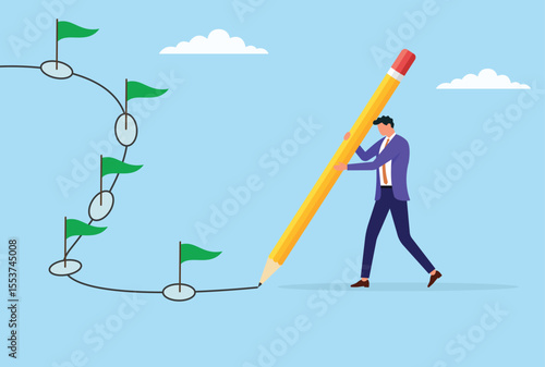 Vector illustration of a businessman drawing milestone flags, representing goal setting, strategic vision, and marking key achievements on the path to business growth and success

