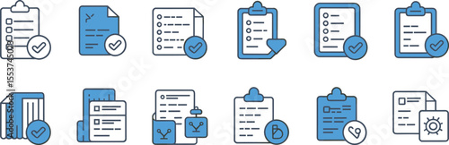 Comprehensive Document and Clipboard Icon Set with Checkmarks, Representing Task Completion, Approved Files, Data Management, and Workflow Solutions for Business and Productivity.
