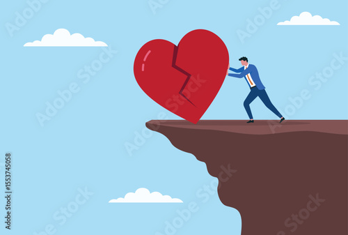 Vector illustration of a businessman pushing a breaking heart icon off the top of a mountain, symbolizing the release of emotional pain, resilience, and a fresh start toward healing and success
