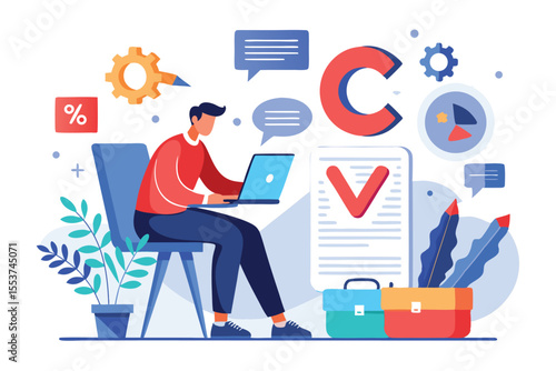 Employee creates a CV letter concept while seated at desk with laptop surrounded by design elements in a modern workspace setting
