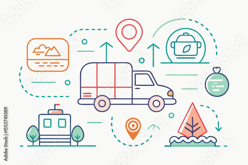 Explore various travel scenarios depicted in simple line icons showcasing vehicles, destinations, and activities throughout your adventurous journey