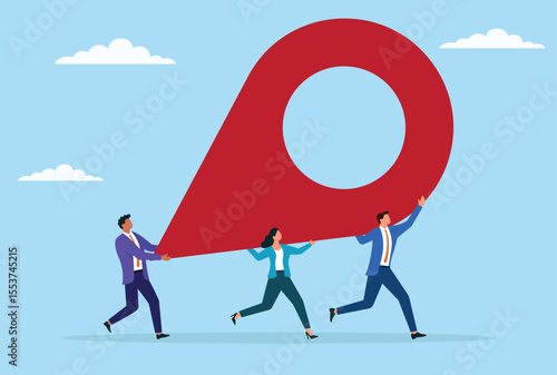 Vector illustration of a group of business people carrying a large location icon, symbolizing teamwork, collaboration, and a united effort to reach important business targets and goals
