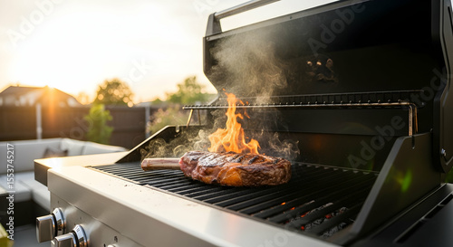 Tomahawk Steak Grilling Outdoors During Golden Hour For a Summer Barbecue