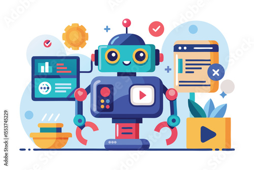 AI robot creates engaging video content with colorful interface and interactive features for effective storytelling and audience engagement