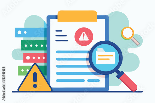 Risk assessment document with magnifying glass highlighting key elements of analysis and data storage in a professional workspace setting