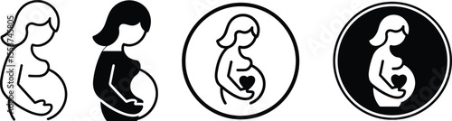 Pregnant Woman Icons: Outline and Solid Silhouettes, Featuring Heart Symbol and Circular Frames, Ideal for Maternity Care, Pregnancy Announcements, Healthcare, and Family Planning Designs.