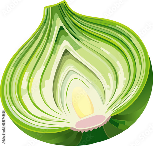 Freshly sliced onion, showcasing its internal layers and vibrant green hue. This image perfectly captures the essence of a fresh onion.