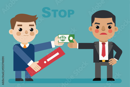 Hand transferring pound sterling banknote to a businessman in a corporate environment during a tense negotiation or transaction