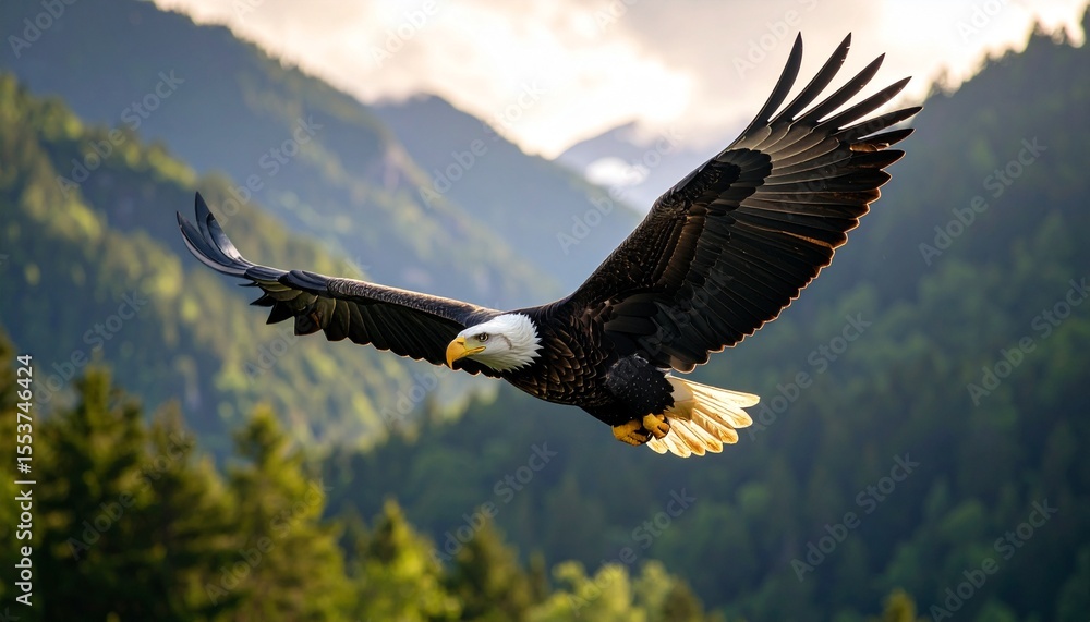 Obraz premium Majestic Bald Eagle Soaring Over Mountainous Forest In Natural H