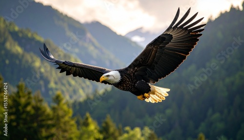 Wallpaper Mural Majestic Bald Eagle Soaring Over Mountainous Forest In Natural H Torontodigital.ca