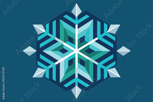 Elegant geometric snowflake design featuring flat crystal shapes showcasing a blend of cool colors and intricate symmetry inspired by winter motifs