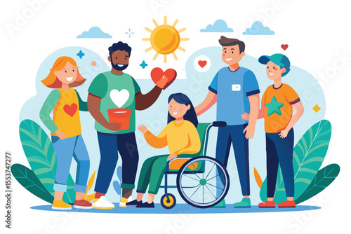 Volunteers engage with community members in supportive activities during a sunny day at a neighborhood outreach event focused on inclusion and assistance for individuals with disabilities