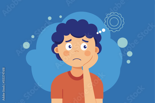 Confused and anxious person thinking deeply with a flat illustration style and a blue background that reflects inner thoughts and emotions