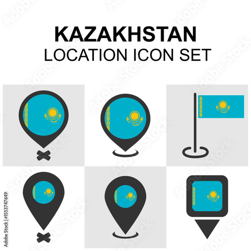Icon set of Kazakhstan featuring map markers with national flag designs, ideal for travel, geopolitics, and cultural projects.