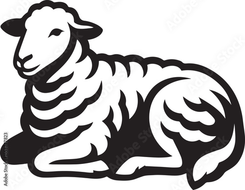 Resting lamb illustration in black and white, Peaceful lamb vector art for print